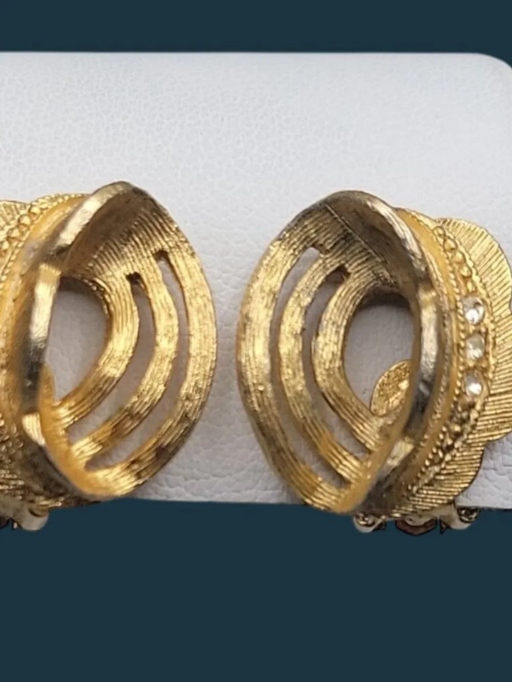 Vintage Rhinestone Accented Swirled Feather Clip On Earrings